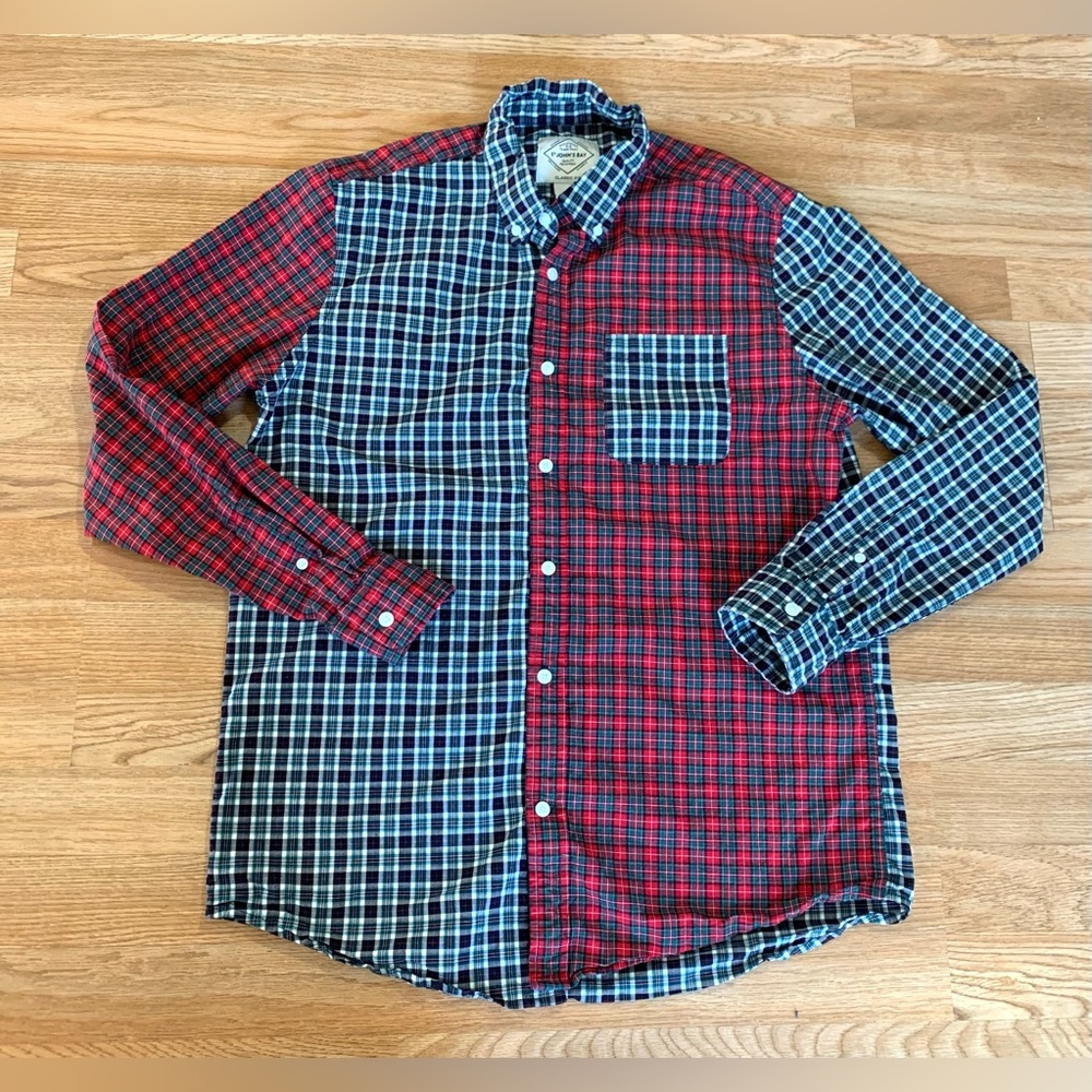 ST JOHNS BAY Medium Color Block Plaid Patchwork Long Sleeve Button Retro M